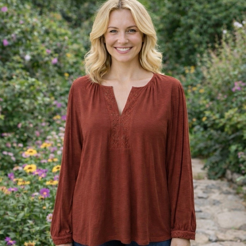 NEW Democracy Rust Embroidered Peasant Blouse Boho Garden Lagenlook Feminine L